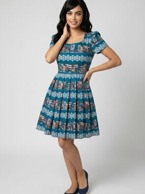 Retro Vintage Style Pin Up Girl Blue Novelty Print Mini Dress US S